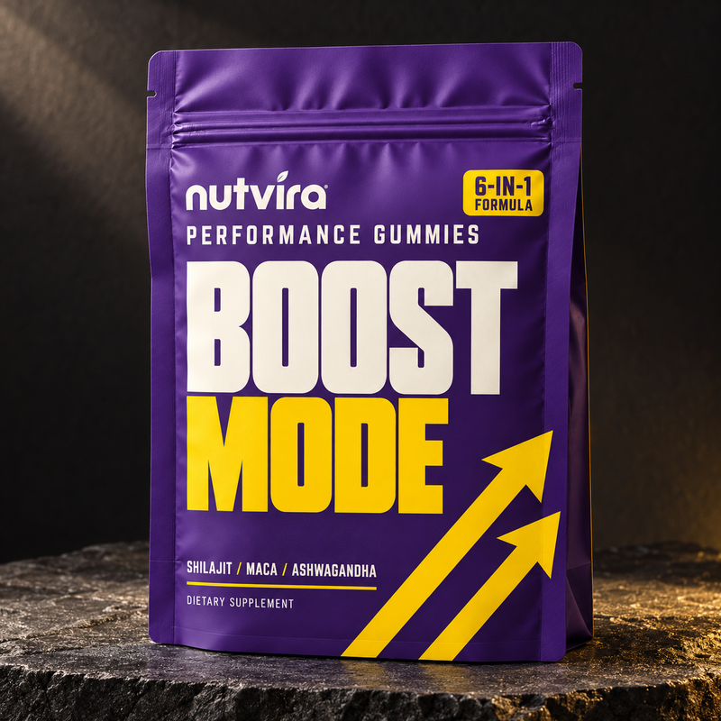 Nutvira Boost Mode purple and yellow pouch photographed on a charcoal stone surface against a dark background.