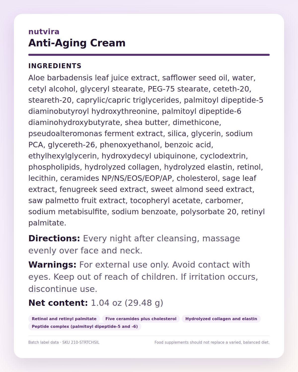 Nutvira Anti-Aging Cream ingredient panel
