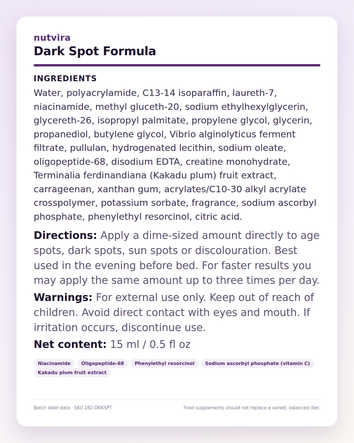 Nutvira Dark Spot Formula ingredient panel