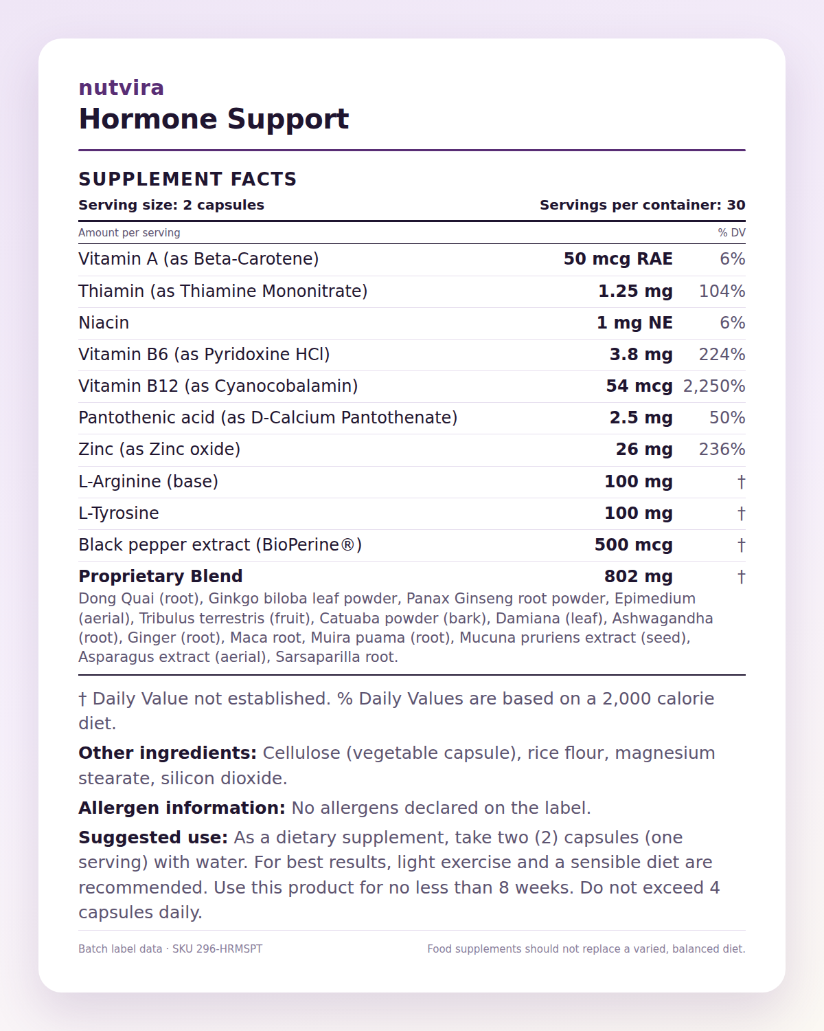 Nutvira Hormone Support supplement facts panel