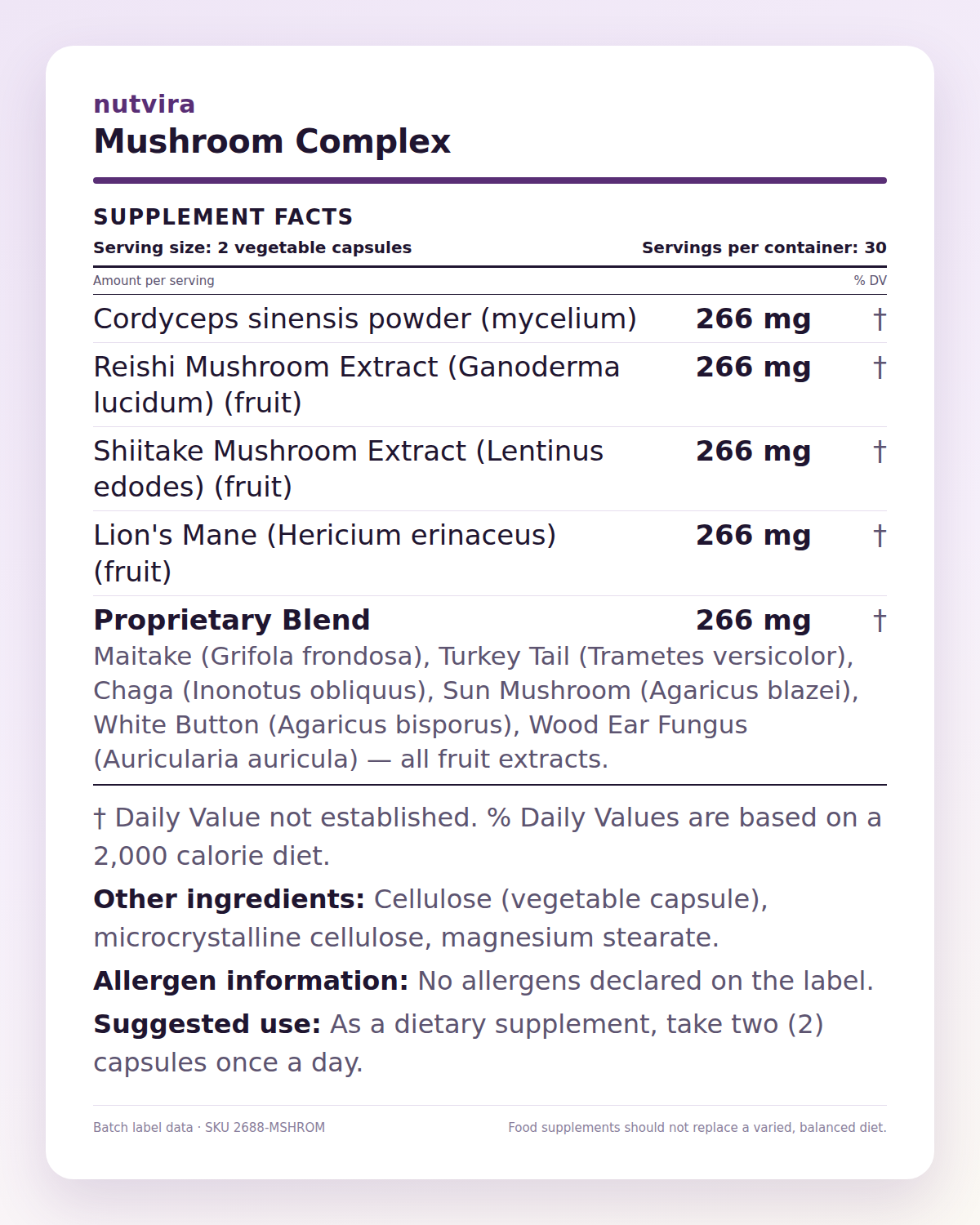 Nutvira Mushroom Complex supplement facts panel