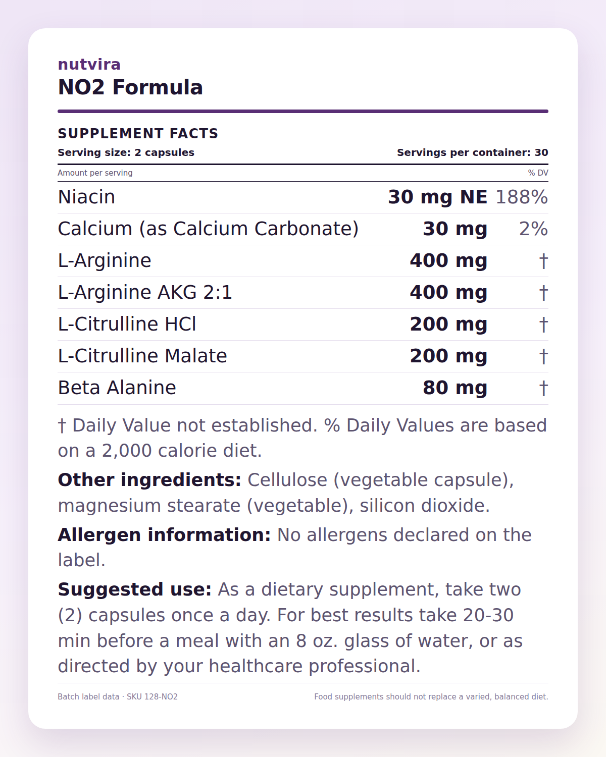 Nutvira NO2 Formula supplement facts panel