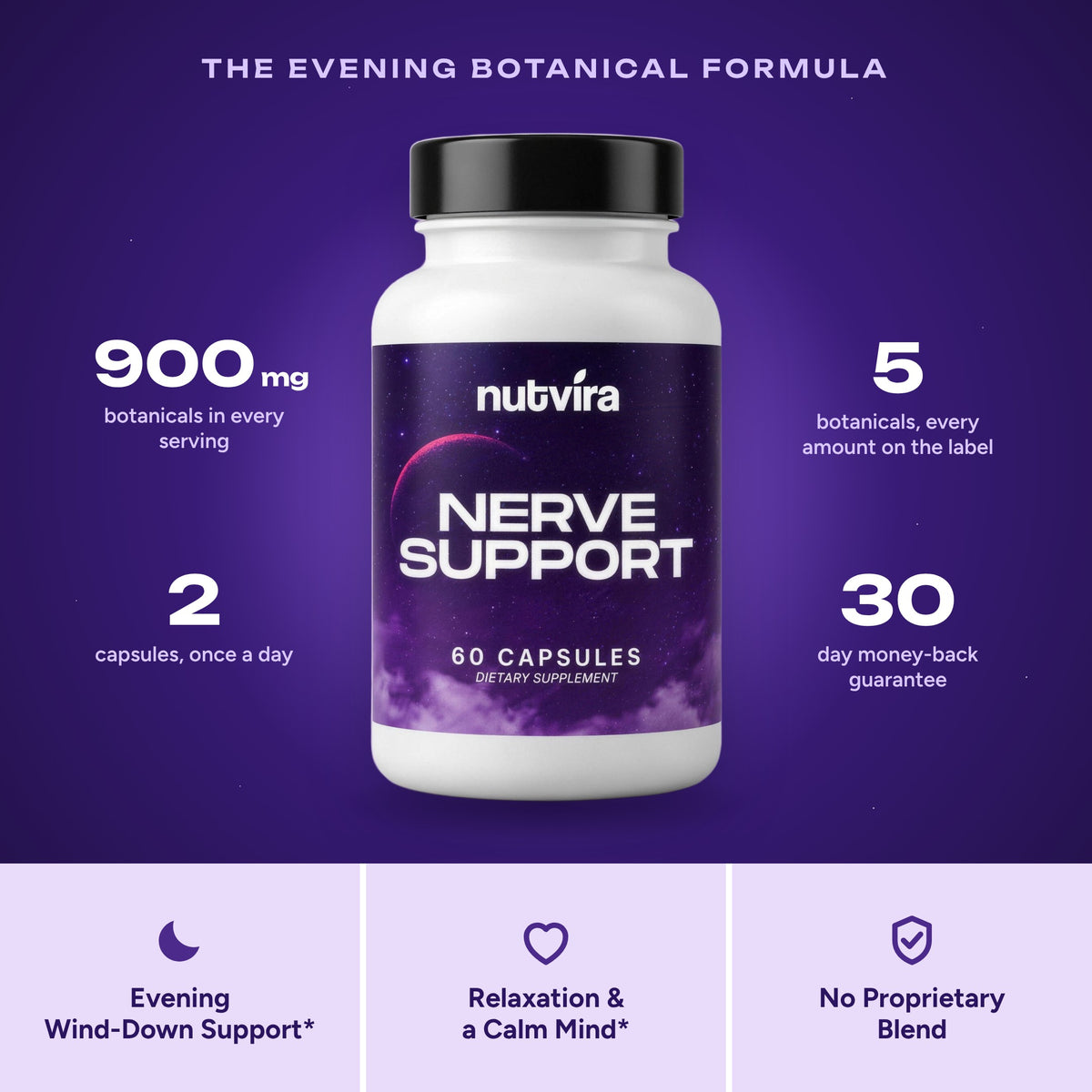 Nutvira Nerve Support: the evening botanical formula, 900 mg per serving, five botanicals, two capsules a day