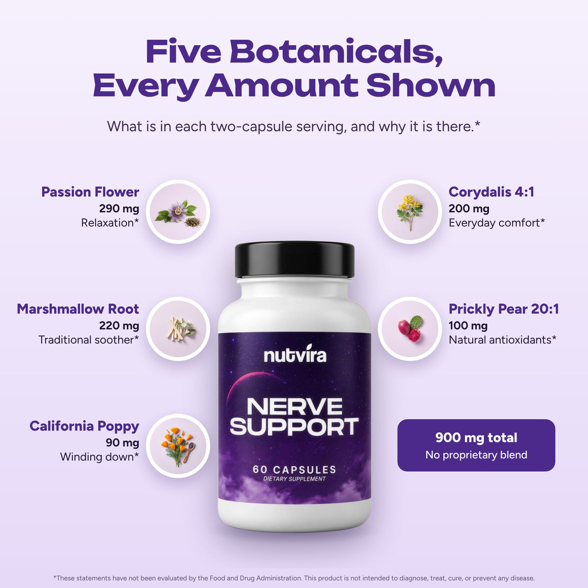 Five botanicals with amounts: Passion Flower 290 mg, Marshmallow Root 220 mg, California Poppy 90 mg, Corydalis 200 mg, Prickly Pear 100 mg