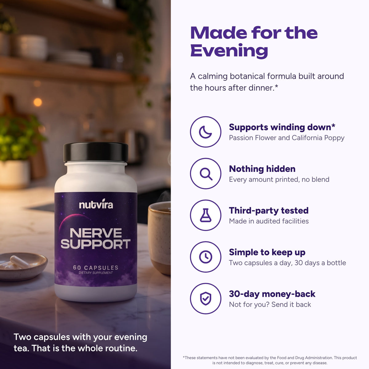 Made for the evening: supports winding down, nothing hidden, third-party tested, simple to keep up, 30-day money-back
