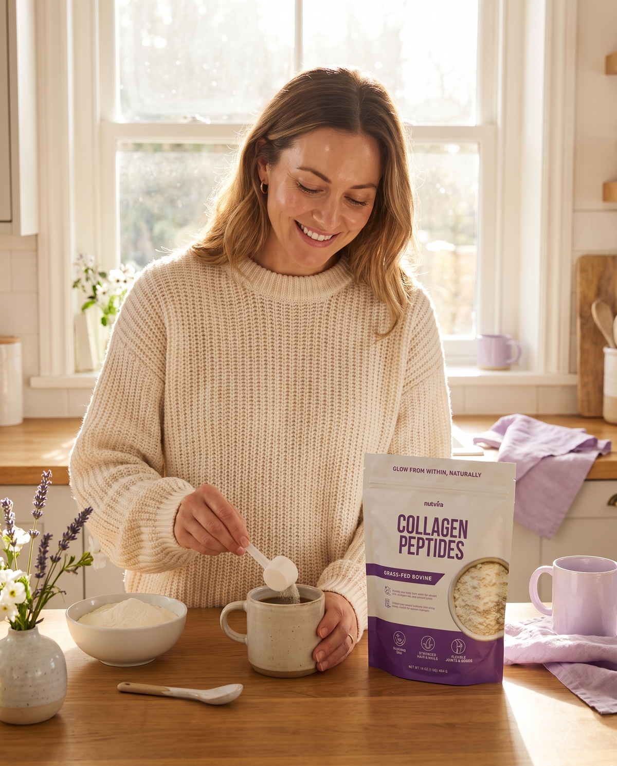 Woman stirring collagen powder into her morning coffee