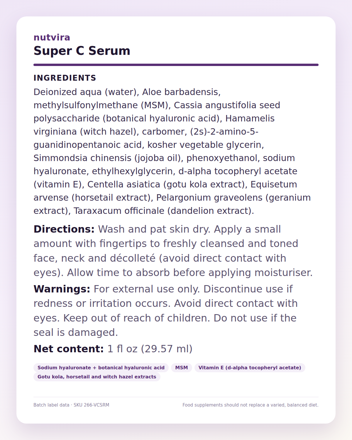 Nutvira Super C Serum ingredient panel