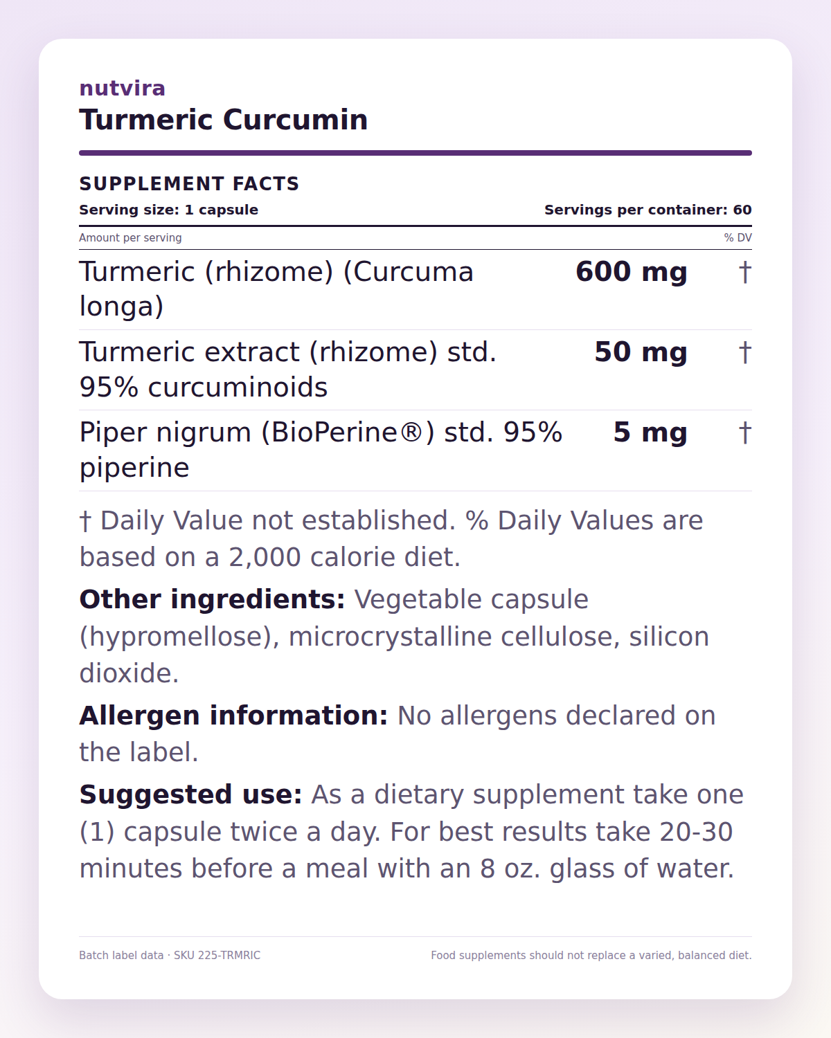 Nutvira Turmeric Curcumin supplement facts panel